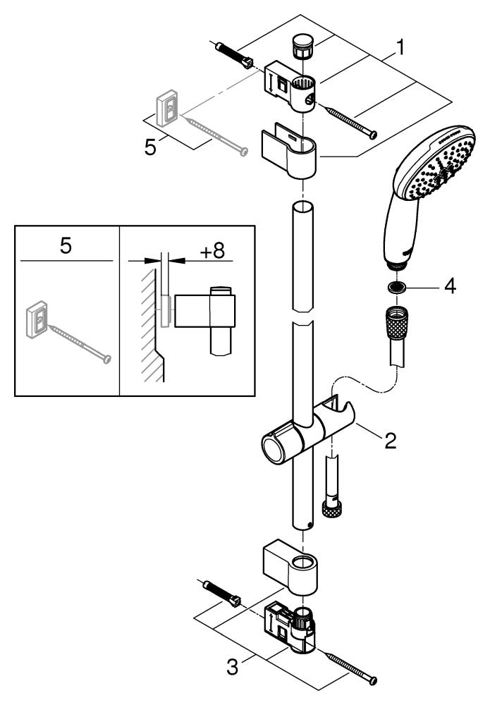 GROHE Brausestangenset Tempesta 110 27598_3, 600mm, Handbrause Tempesta 110, 2 Strahlarten: Rain/Jet, maximaler Durchfluss bei 3 bar: 13.5 l/min, Brauseschlauch Relexaflex 1.750mm, chrom