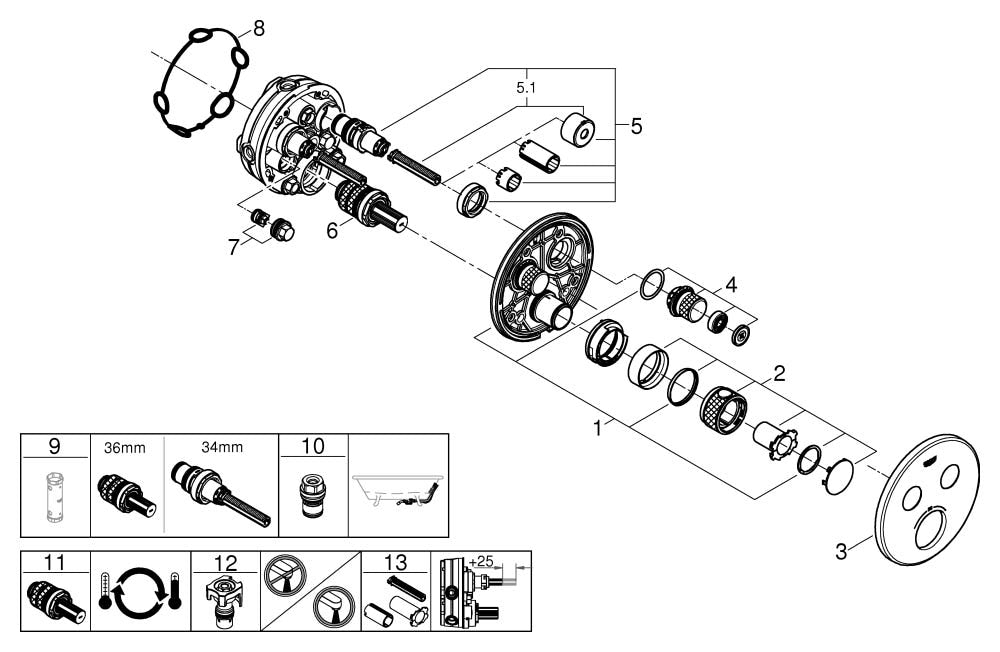 GROHE Thermostat Grohtherm SmartControl 29119, mit 2 Absperrventilen, Fertigmontageset für Rapido SmartBox, Wandrosette rund, chrom