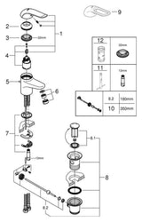 GROHE Einhand-Waschtischbatterie Euroeco Special 32763, Einlochmontage, Zugstangen-Ablaufgarnitur 1 1/4'', 35 mm Keramikkartusche, Hebellänge 120 mm, chrom
