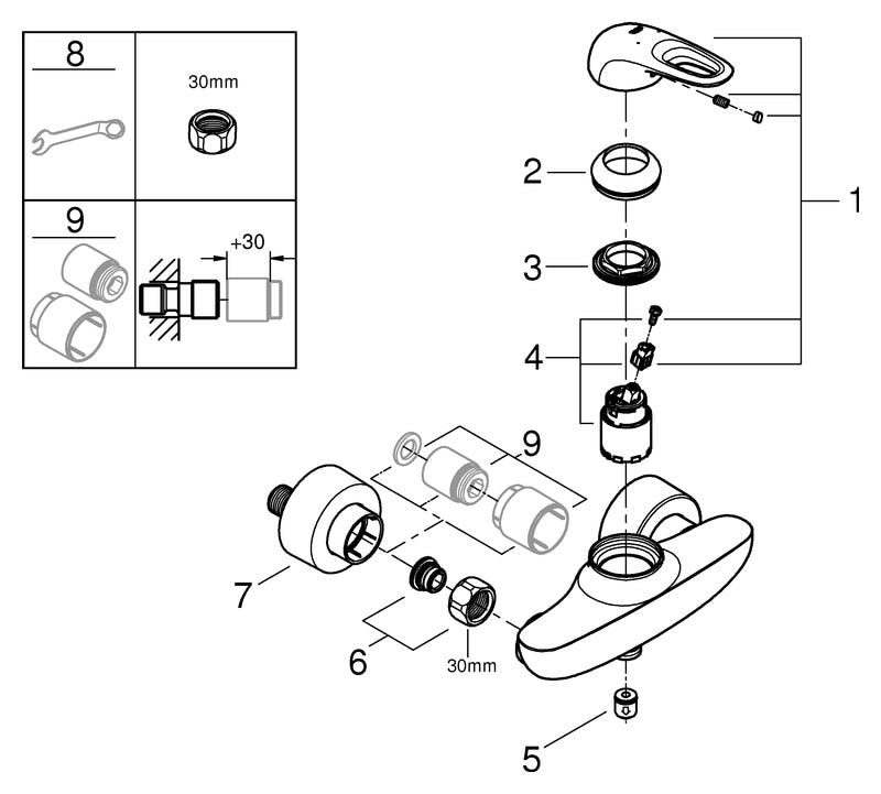 GROHE Einhand-Brausebatterie Eurostyle 33590_3, Wandmontage, offener Metall-Hebelgriff, chrom