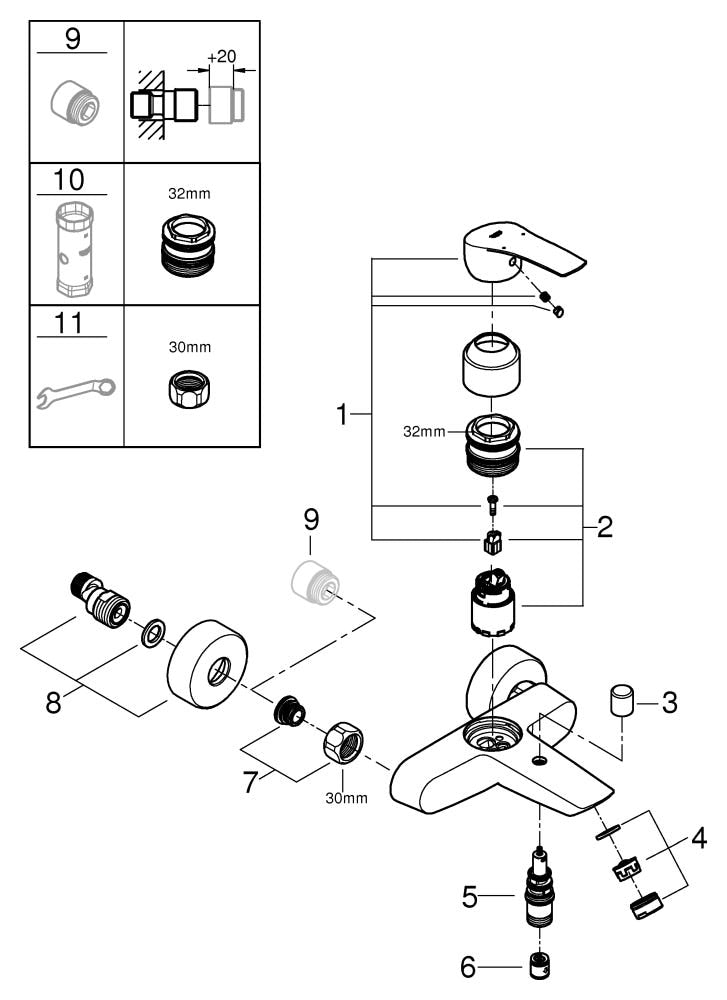 GROHE Einhand-Wannenbatterie Eurosmart 33300_3, Wandmontage, Temperaturbegrenzer, S-Anschlüsse, eigensicher, chrom