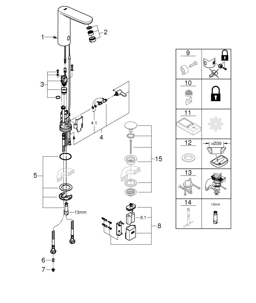 GROHE Infrarot-Elektronik für Waschtisch Eurosmart CE 36422, L-Size, mit Mischung, Rückflussverhinderer, 6 V Lithium-Batterie, Typ CR-P2, chrom