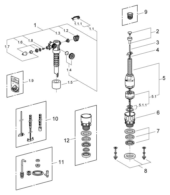 GROHE Austauschgarnitur 43907, für aufgesetzte Keramik-Spülkästen, mit Füllventil, Servo-Ablaufventil