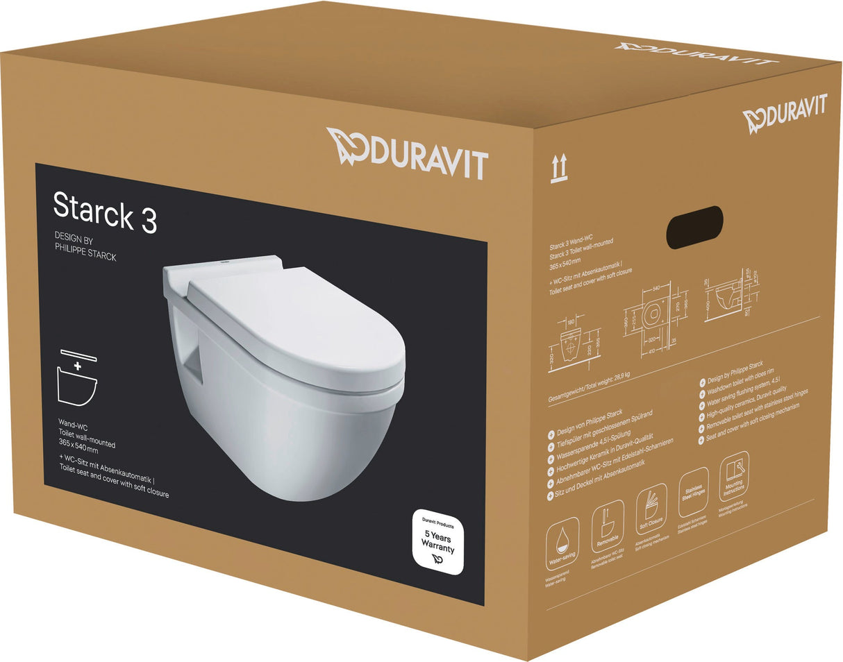Duravit Starck 3 WC-Set wandhängend, weiß Hochglanz, Tiefspüler, mit WC-Sitz und Absenkautomatik