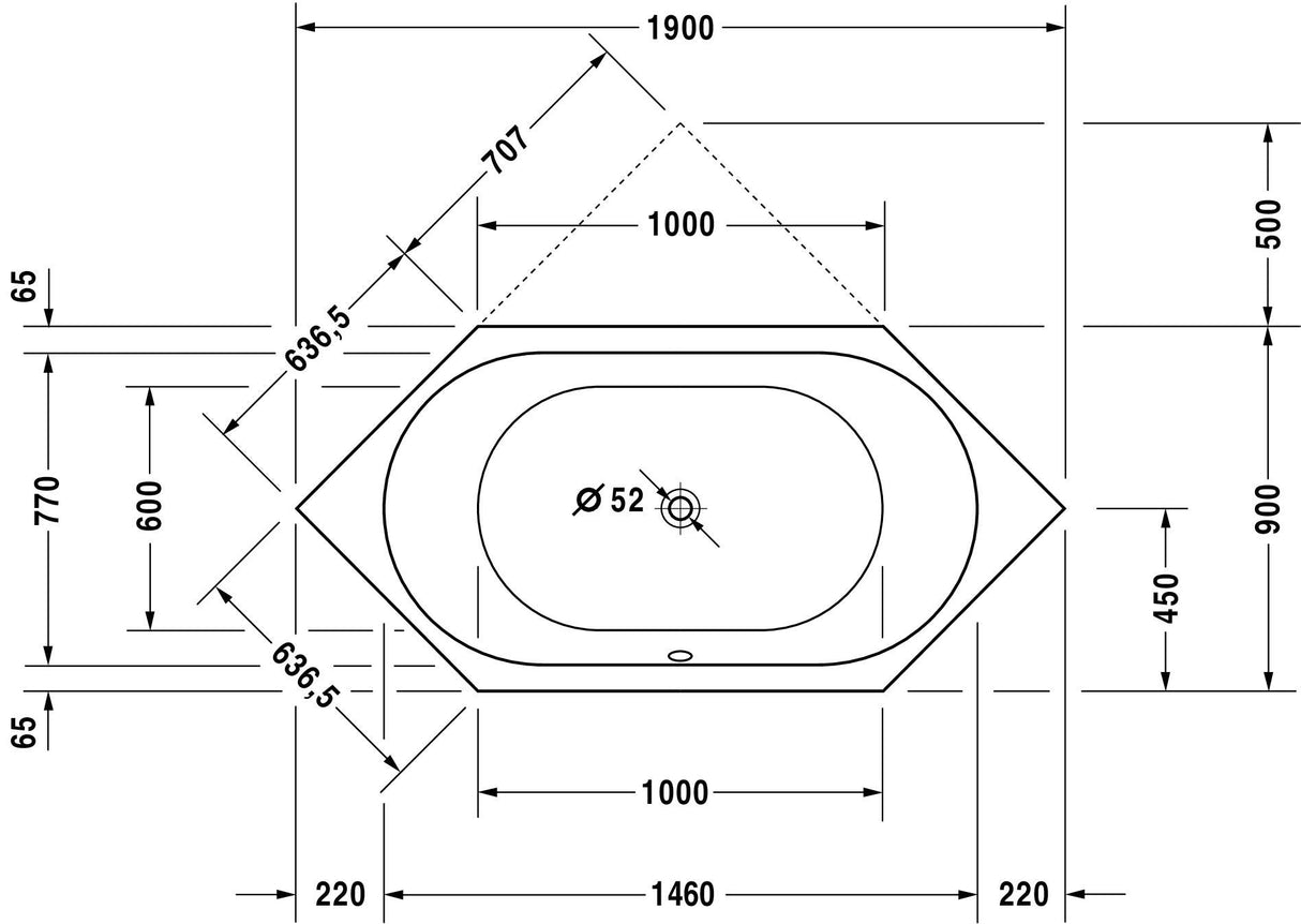 DU D-Code Badew. 6Eck 1900x900 Einbau Rückenschr.2 L/R, Weiß