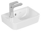 Villeroy & Boch Handwaschbecken Compact O.novo 434236, 360 x 250 mm, Eckig, Becken rechts, 1HL. Hahnloch links durchgestochen, mit Überlauf, Weiß Alpin