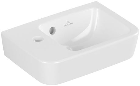 Villeroy & Boch Handwaschbecken Compact O.novo 434236, 360 x 250 mm, Eckig, Becken rechts, 1HL. Hahnloch links durchgestochen, mit Überlauf, Weiß Alpin