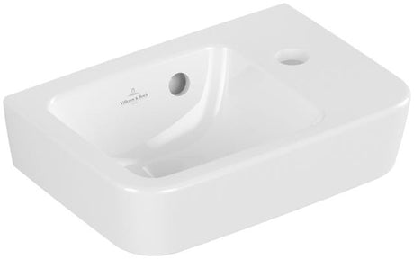 Villeroy & Boch Handwaschbecken Compact O.novo 434336, 360 x 250 mm, Eckig, Becken links, 1HL. Hahnloch rechts durchgestochen, mit Überlauf, Weiß Alpin