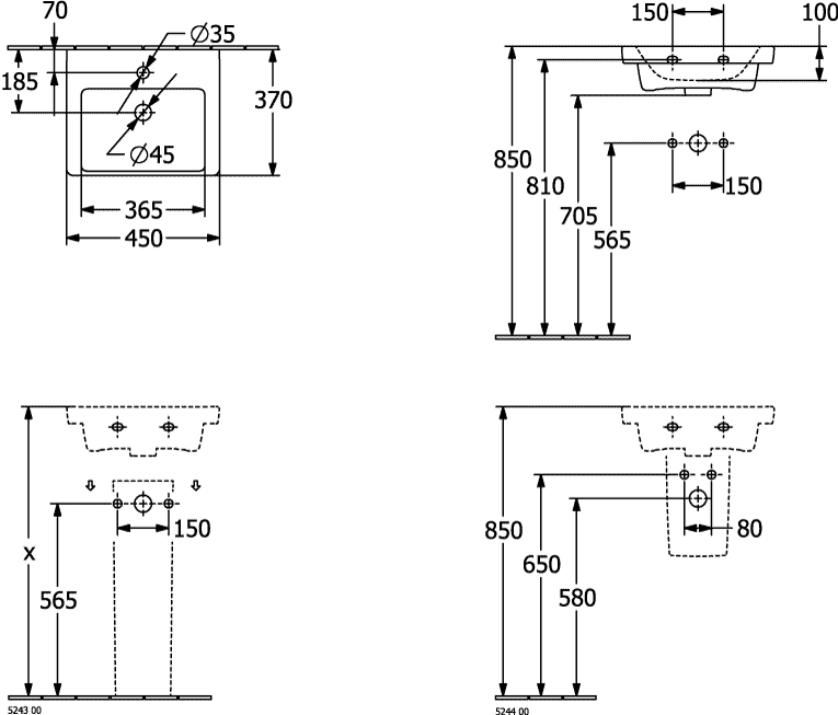 Villeroy & Boch Handwaschbecken Subway 3.0 437045, 450 x 370 mm, Rechteck, 1HL. mittleres Hahnloch durchgestochen, mit Überlauf, Weiß Alpin