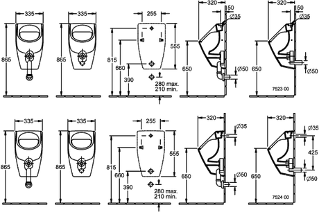 Villeroy & Boch Absaug-Urinal O.novo 752300, 320 x 335 x 560 mm, Oval, ohne Deckel, spülrandlos, Zulauf von oben, Weiß Alpin