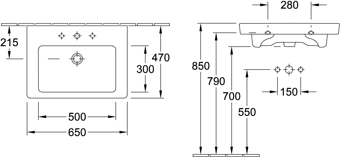 Villeroy & Boch Waschbecken Subway 2.0 7113FA, 650 x 470 mm, Rechteck, 1HL. mittleres Hahnloch durchgestochen, mit Überlauf, Weiß Alpin