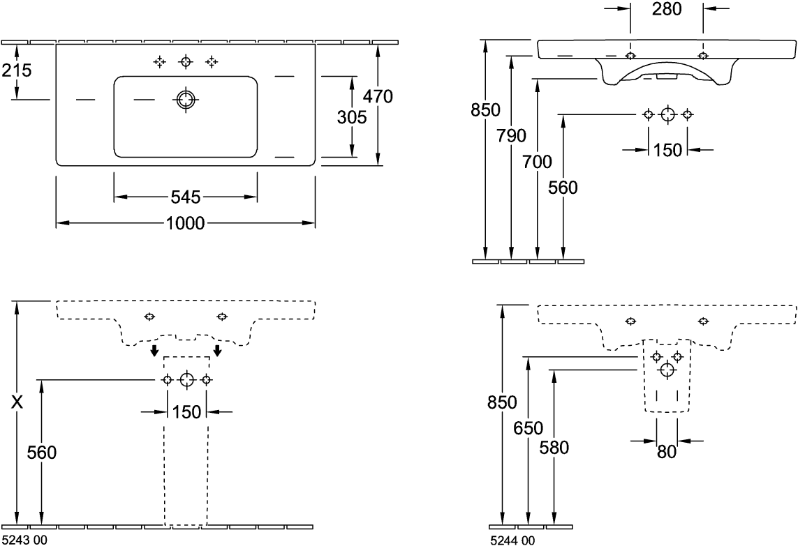 Villeroy & Boch Schrankwaschtisch Subway 2.0 7175A0, 1000 x 480 mm, Rechteck, 1HL. mittleres Hahnloch durchgestochen, mit Überlauf, Weiß Alpin