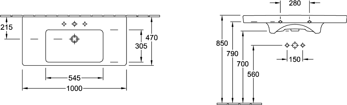 Villeroy & Boch Schrankwaschtisch Subway 2.0 7175A0, 1000 x 480 mm, Rechteck, 1HL. mittleres Hahnloch durchgestochen, mit Überlauf, Weiß Alpin