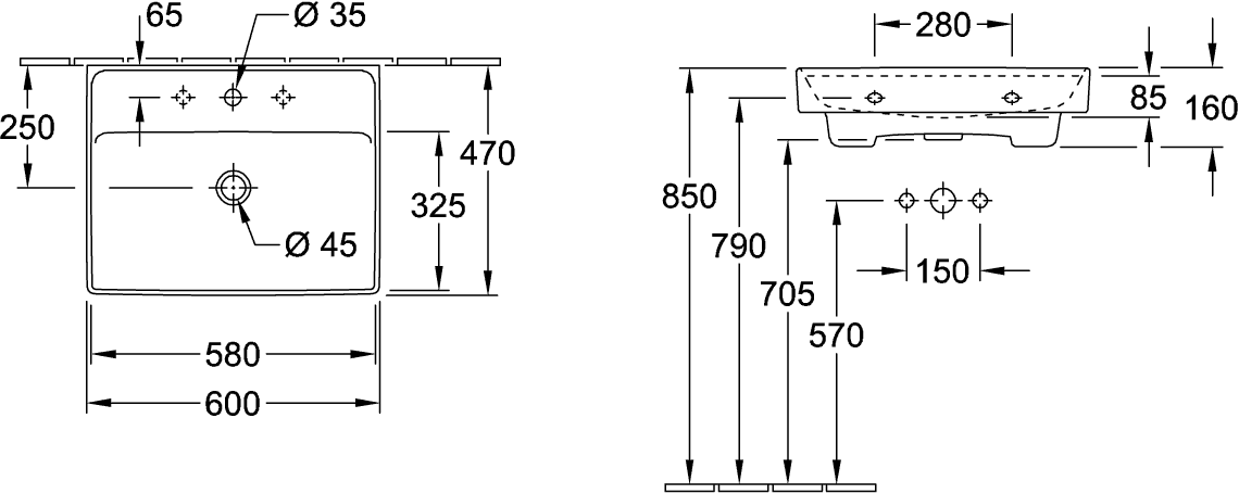 Villeroy & Boch Waschbecken Collaro 4A3360, 600 x 470 mm, Rechteck, 1HL. mittleres Hahnloch durchgestochen, mit Überlauf, Weiß Alpin