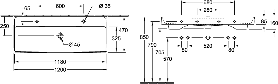 Villeroy & Boch Schrankwaschtisch Collaro 4A33C4, 1200 x 470 mm, Rechteck, 2HL., mit Überlauf, Weiß Alpin