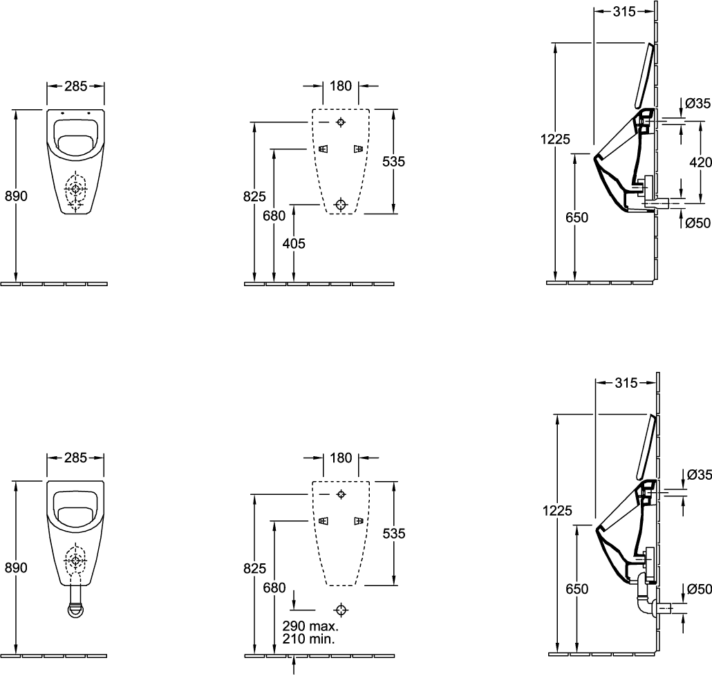 Villeroy & Boch Absaug-Urinal Subway 751301, Wandmontage, Oval, weiß, Zulauf verdeckt, für Deckel