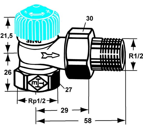 IMI HEIMEIER Thermostat-Ventilunterteil mit geringem Widerstand, Eckform, vernickeltes Rotgußgehäuse, Schwerkraft Typ, Schlussstück/Innengewinde, thermostatisch ohne Knopf, mit Staubkappe, thermostatische Vorbereitung