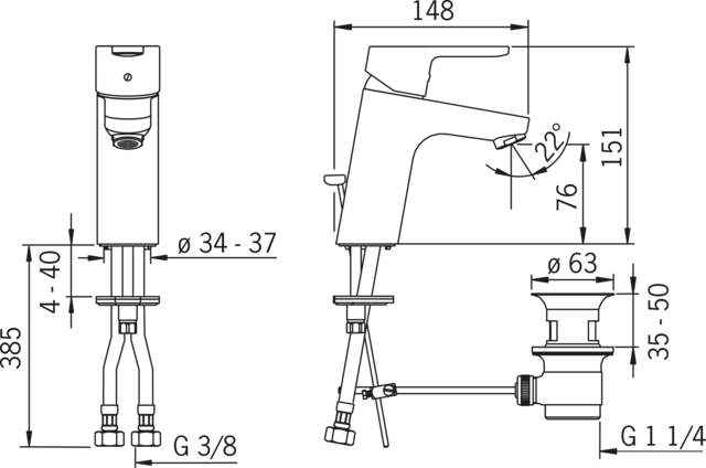 HA Einhebelmischer Waschtischbatterie HANSAPRIMO XL 4956 Zugstangenablaufgarnitur Ausladung 110 mm DN15 Chrom