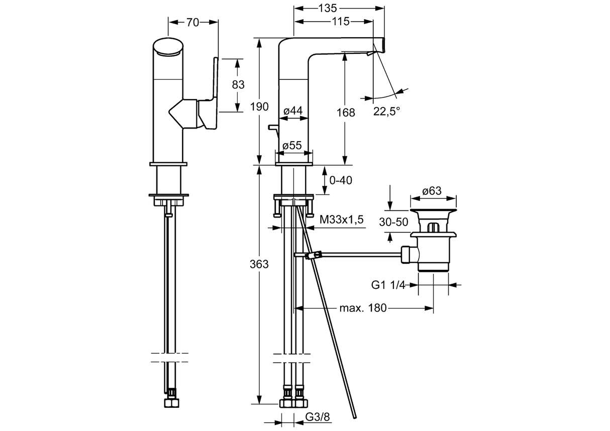 HA Einhebelmischer Waschtischbatterie HANSARONDA 5526 Zugstangenablaufgarnitur Ausladung 115 mm DN15 Chrom