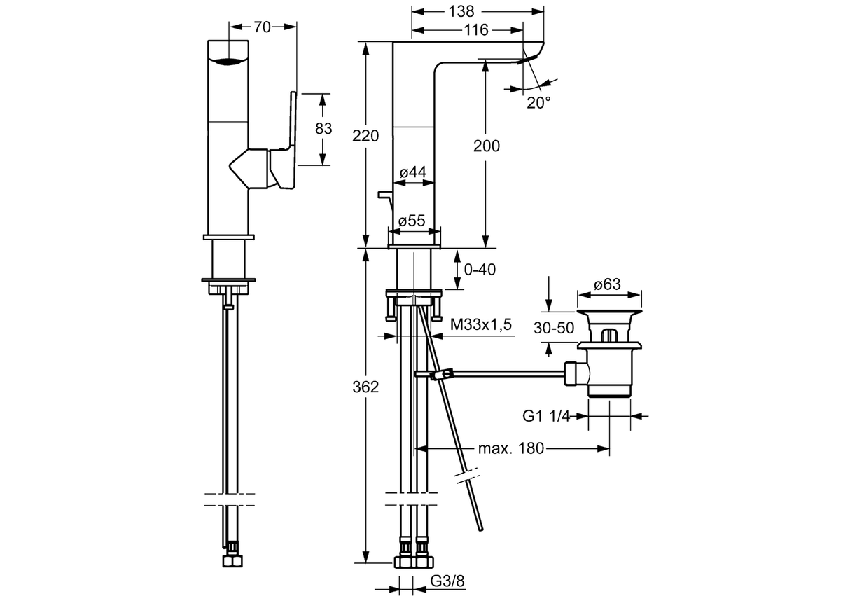 HA Einhebelmischer Waschtischbatterie HANSALIGNA 5530 Zugstangenablaufgarnitur Ausladung 116 mm DN15 Chrom