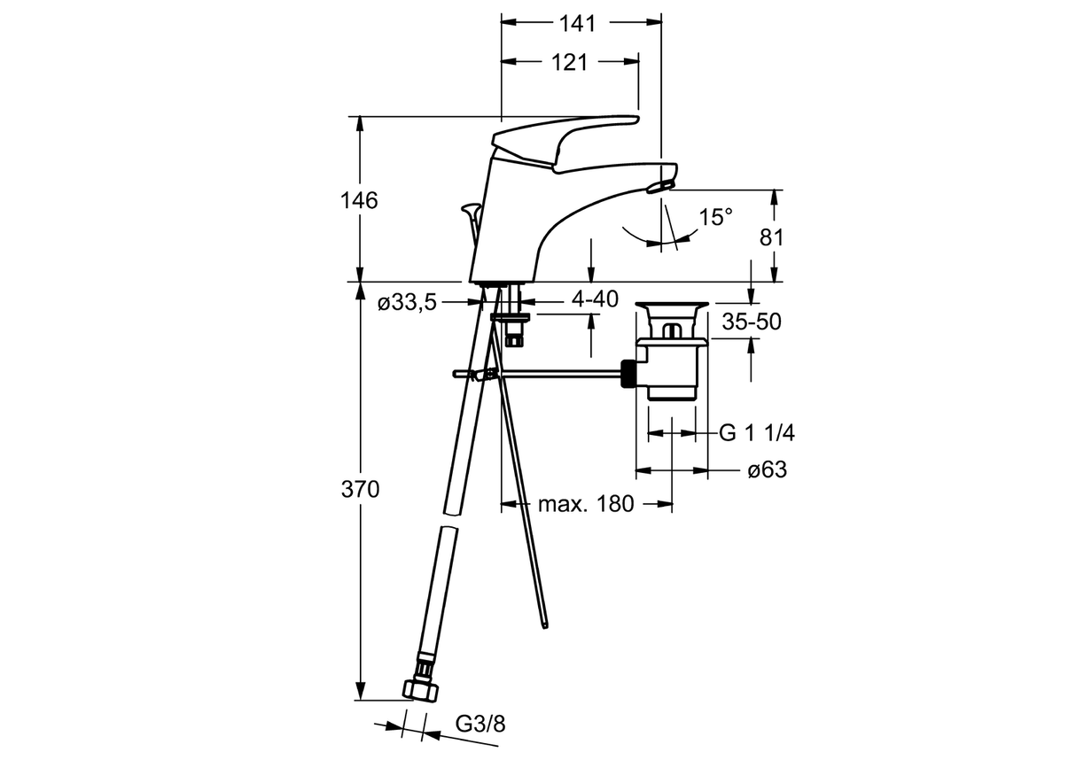HA Einhebelmischer Waschtischbatterie HANSAMIX 0109 Zugstangenablaufgarnitur Ausladung 141 mm DN15 Chrom