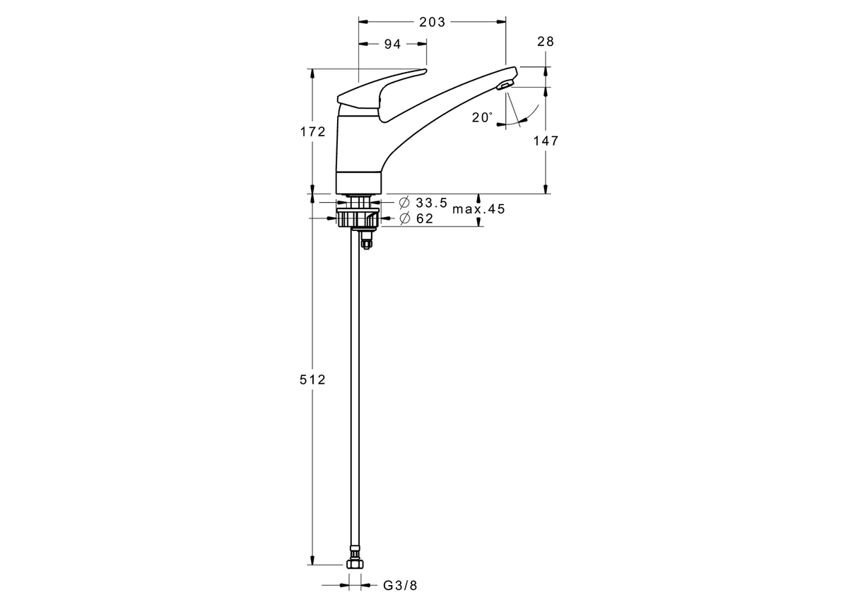 HA Einhebelmischer Küchenarmatur HANSAMIX 0114 Ausladung 203 mm DN15 Chrom