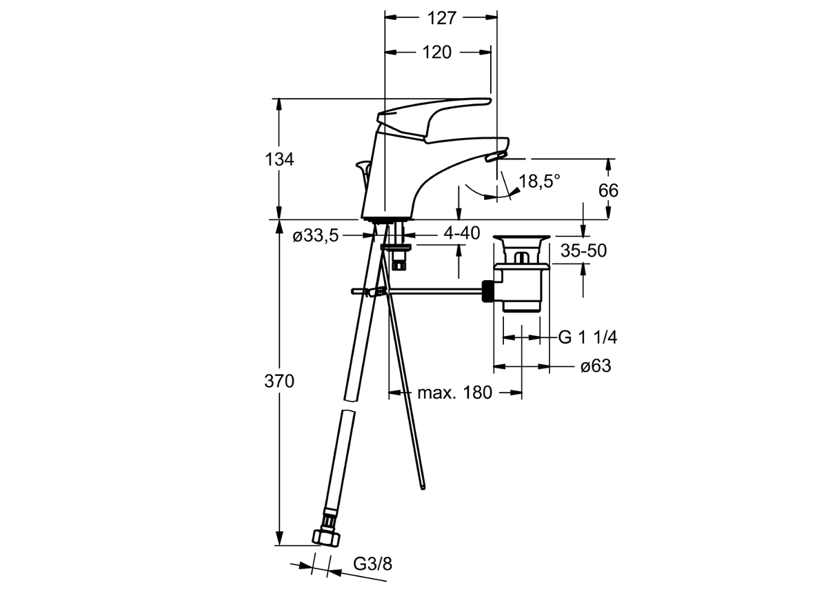 HA Einhebelmischer Waschtischbatterie HANSAMIX 0110 Zugstangenablaufgarnitur Ausladung 127 mm DN15 Chrom