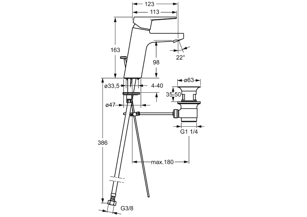 HA Einhebelmischer Waschtischbatterie HANSATWIST XL 0901 Zugstangenablaufgarnitur Ausladung 123 mm DN15 Chrom