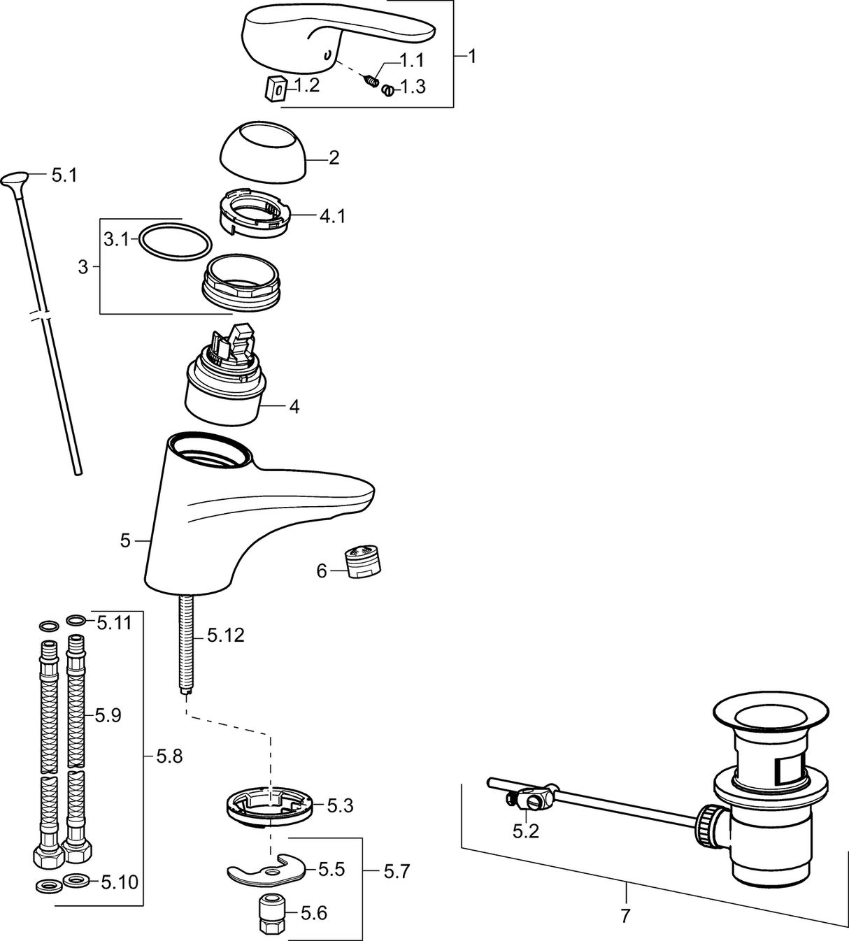 HA Einhebelmischer Waschtischbatterie HANSAMIX 0110 Zugstangenablaufgarnitur Ausladung 127 mm DN15 Chrom