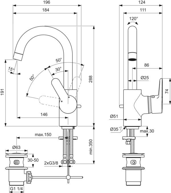 Ideal Standard Waschtischarmatur Connect Blue, mit Ablaufgarnitur, mit hohem Auslauf, Ausladung 146mm, Chrom