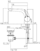 Ideal Standard Waschtischarmatur Melange, mit Ablaufgarnitur, CU-Rohren, Ausladung 136mm, Chrom