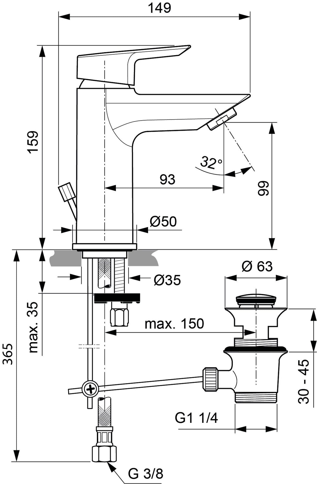 Ideal Standard Waschtischarmatur Tesi, 5 l/min., mit Ablaufgarnitur, Ausladung 93mm, Chrom