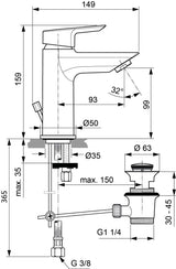 Ideal Standard Waschtischarmatur Tesi, 5 l/min., mit Ablaufgarnitur, Ausladung 93mm, Chrom