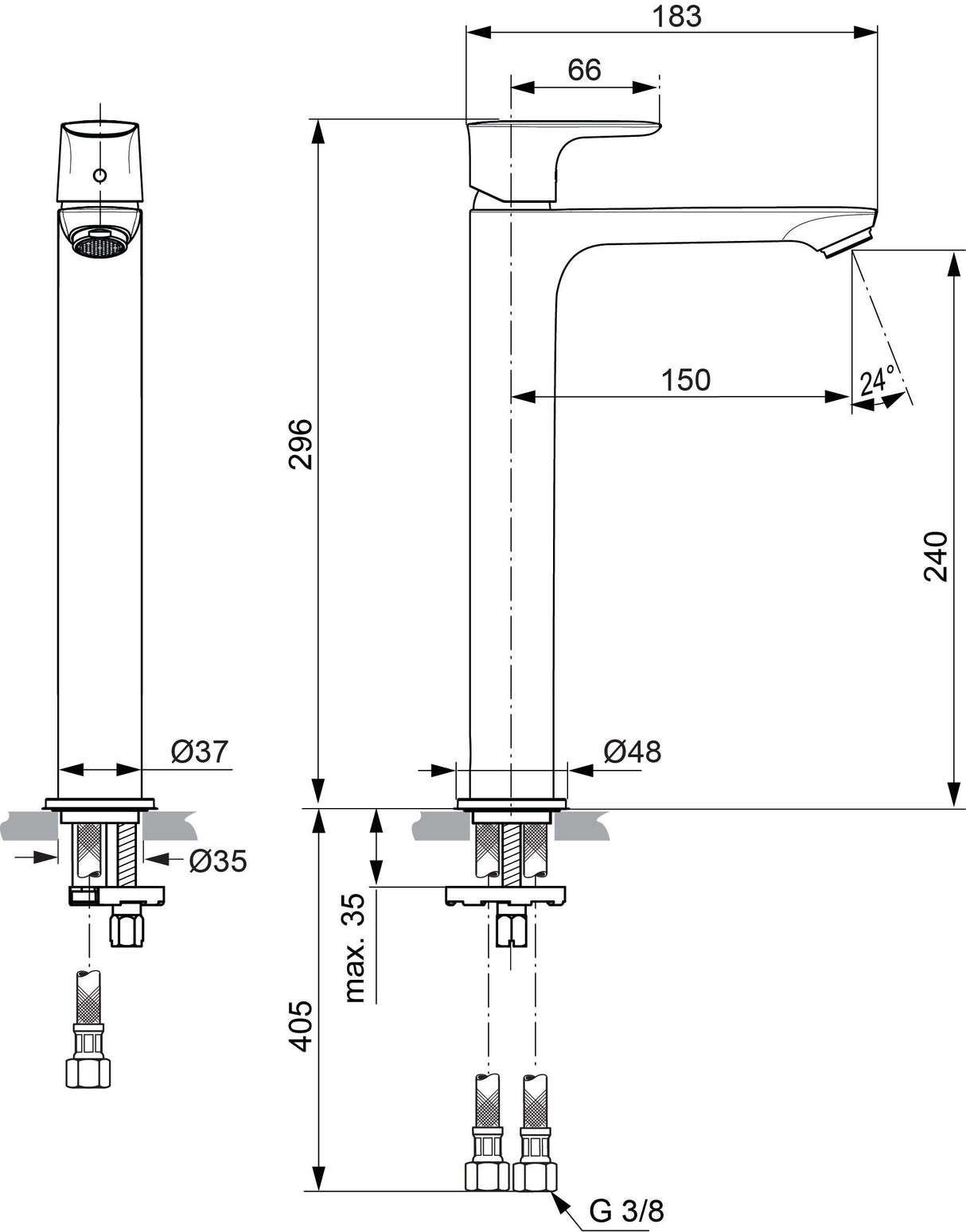 Ideal Standard Waschtischarmatur Connect Air, mit verlängerter Sockel, ohne Ablaufgarnitur, Ausladung 150mm, Chrom