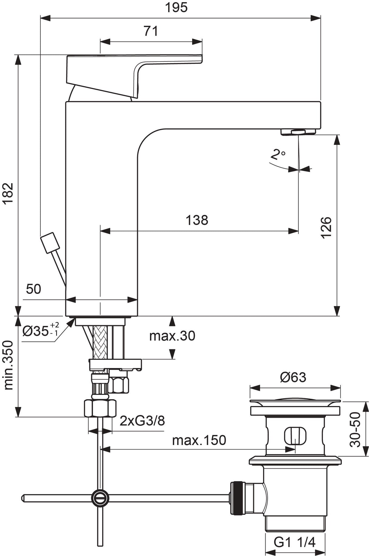 Ideal Standard Waschtischarmatur Edge, Grande, 5 l/min., mit Ablaufgarnitur, Ausladung 138mm, Chrom