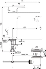 Ideal Standard Waschtischarmatur Edge, Grande, 5 l/min., mit Ablaufgarnitur, Ausladung 138mm, Chrom