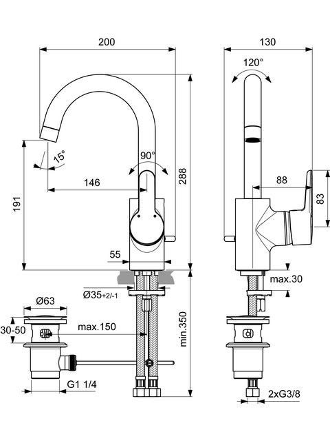 Ideal Standard Waschtischarmatur Connect Blue, mit Ablaufgarnitur, mit hohem Auslauf, Ausladung 146mm, Chrom