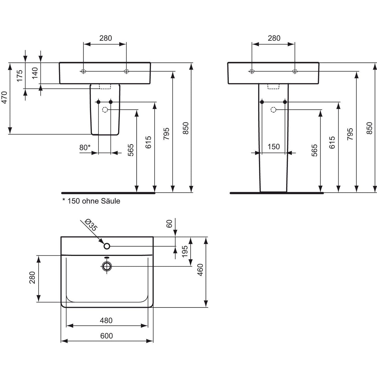 Ideal Standard Waschtisch Connect Cube, 1 Hahnloch, mit Überlauf, weiß, hängend, Keramik