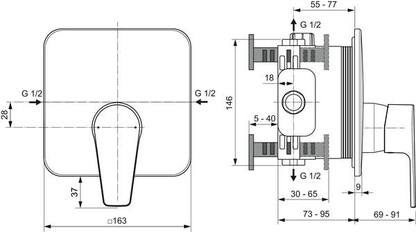 Ideal Standard Brausearmatur Unterputz Cerafine D, Bausatz 2, Rosette 163x163mm, Chrom