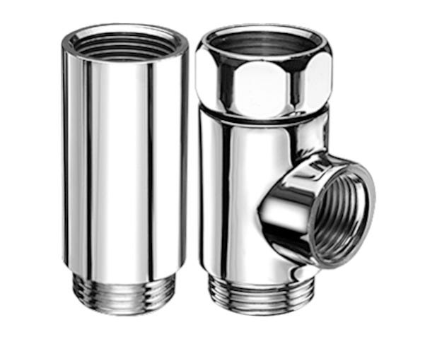 SCHELL T- und Distanzstück, Überwurfmutter DN 20 G 3/4 IG, DN 20 G 3/4 IG, 2x DN 20 G 3/4 AG (unten), DN 20 G 3/4 AG, DN 20 G 1/2 IG (rechts), chrom