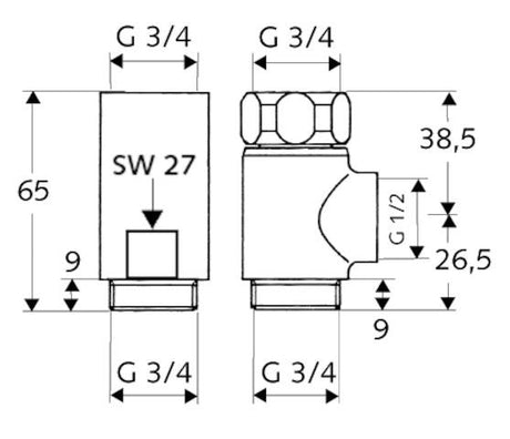 SCHELL T- und Distanzstück, Überwurfmutter DN 20 G 3/4 IG, DN 20 G 3/4 IG, 2x DN 20 G 3/4 AG (unten), DN 20 G 3/4 AG, DN 20 G 1/2 IG (rechts), chrom