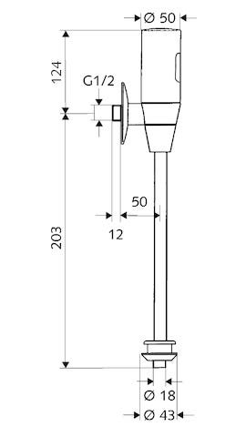 SCHELL Infrarot-Aufputz-Urinal-Druckspüler SCHELLTRONIC, DN 15, Aufputz-Urinal-Druckspüler, Vorabsperrung, Spülstrom 0,3 l/s, DN 15 G 1/2 AG, Innenverbinder Ø 43 mm (Spülrohr Ø 18 mm), chrom