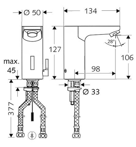 SCHELL Waschtisch-Armatur CELIS E, Elektronisch, HD-M - Hochdruck Mischwasser, Infrarot, Steckernetzteil 9 VDC, 100 - 240 VAC, 50 - 60 Hz, 2x G 3/8 IG, chrom