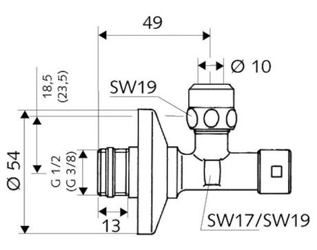 SCHELL Eckventil mit Regulierfunktion und gesicherter Betätigung, Gesicherte Betätigung, Schubrosette Ø 54 mm, DN 15 G 1/2 AG mit ASAG easy, Ø 10 mm (DN 10 G 3/8 AG), chrom