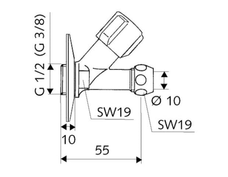 SCHELL Schrägsitzventil COMFORT, COMFORT-Griff, Rosette Ø 54 mm (Tiefe 3 mm), DN 15 G 1/2 AG, Ø 10 mm (DN 10 G 3/8 AG), chrom