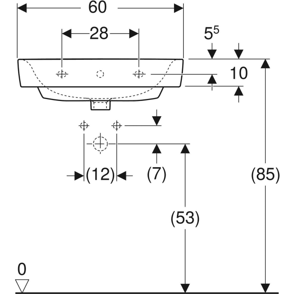 Geberit Renova Plan Aufsatzwaschtisch: 60x48cm, Hahnloch=mittig, Überlauf=sichtbar, weiß