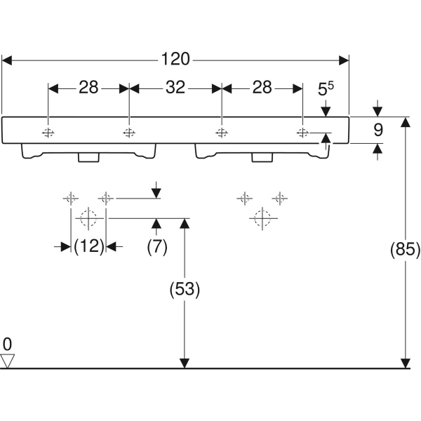 Geberit iCon Doppelwaschtisch: 120x48.5cm, Hahnloch=mittig, Überlauf=sichtbar, weiß