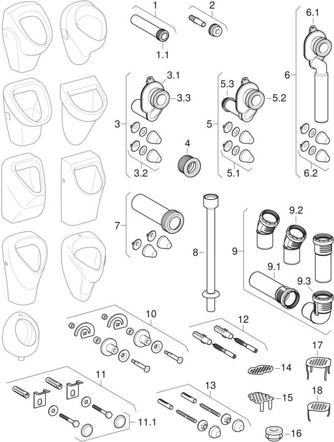 Geberit Renova Plan Urinal Zulauf von hinten, Abgang nach hinten: T=30cm, Abgang=nach hinten, Zulauf=hinten, weiß