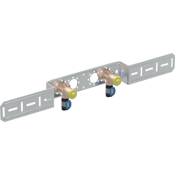 Geberit FlowFit Anschlusswinkel 90° vormontiert, zweifach,  aus Bronze, Pressmuffe, 1/2 Zoll Gewindemaß Armatur