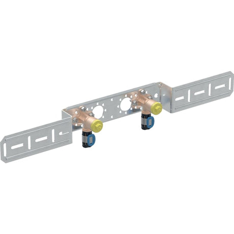Geberit FlowFit Anschlusswinkel 90° vormontiert, zweifach,  aus Bronze, Pressmuffe, 1/2 Zoll Gewindemaß Armatur